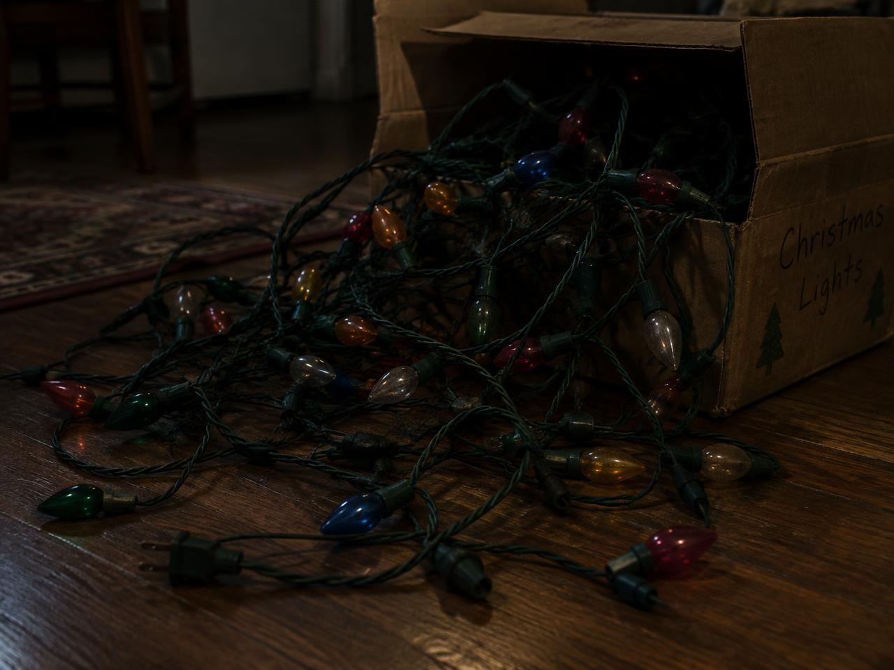 Tangled old Christmas lights